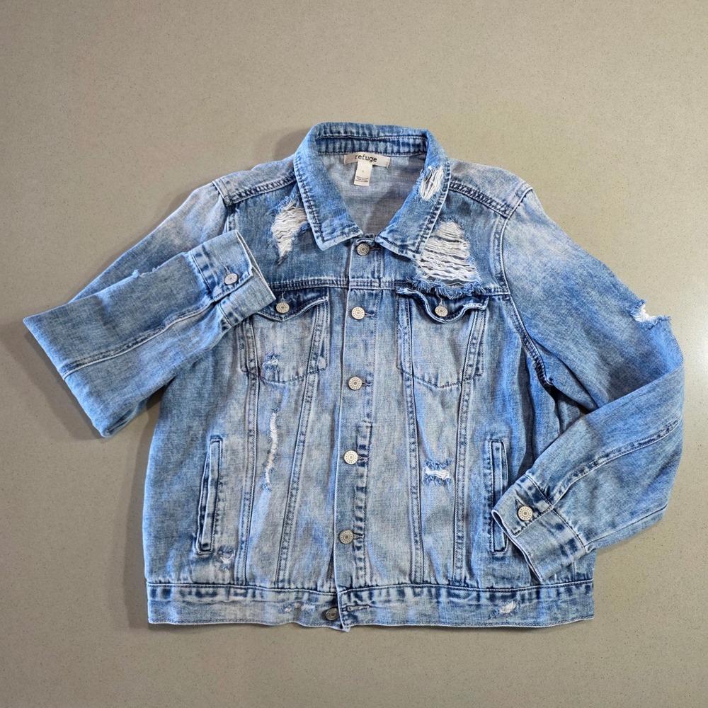 Refuge Womens Distressed Denim Jacket Light Wash Blue Cotton Size L